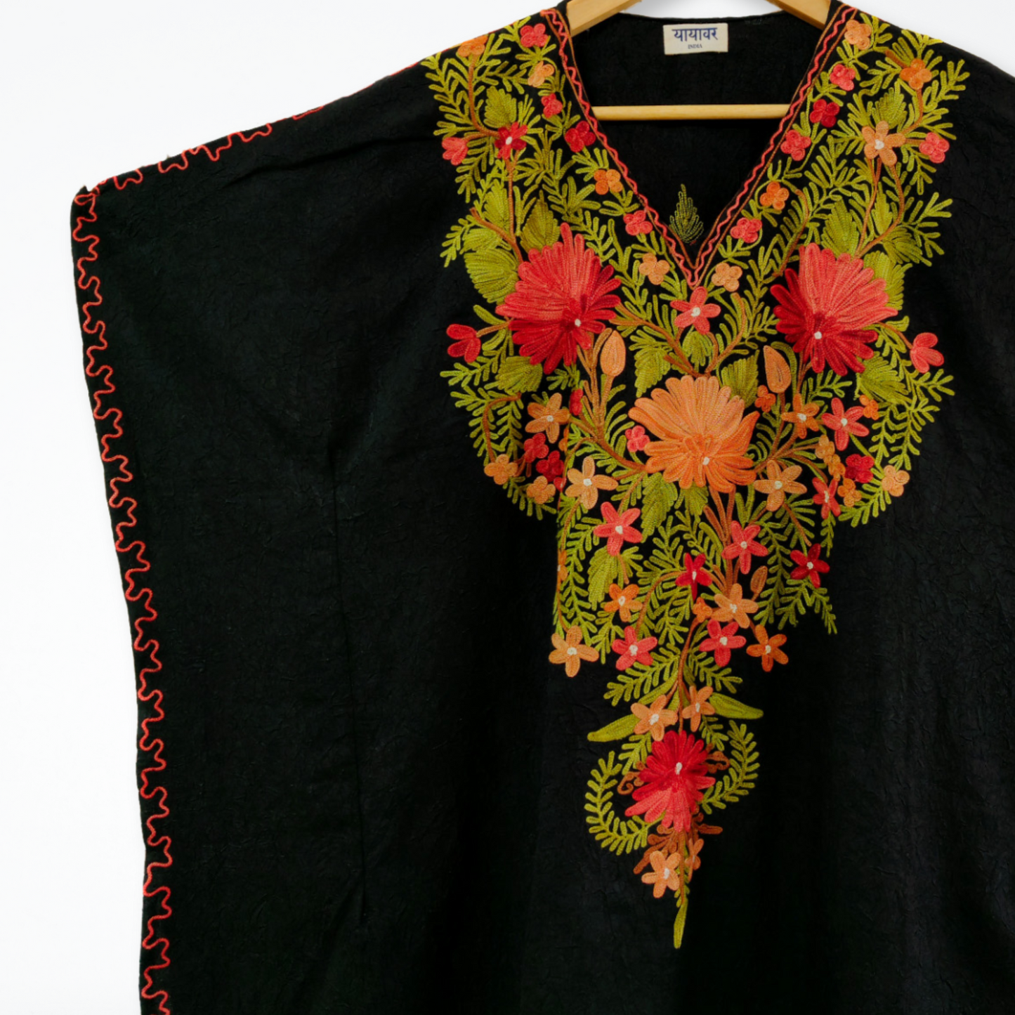 Black Cotton Kashmiri Kaftan - Multicolour Aari Embroidery - Short