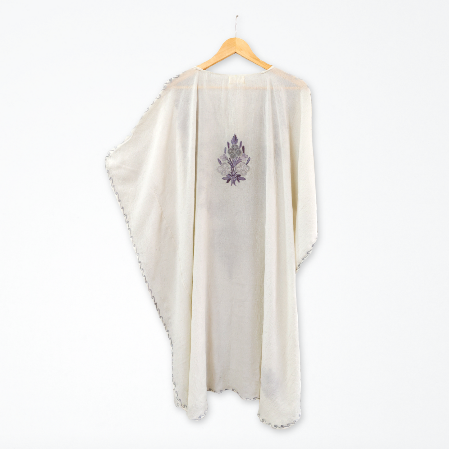 White Cotton Kashmiri Kaftan with - Grey Aari Embroidery - Short