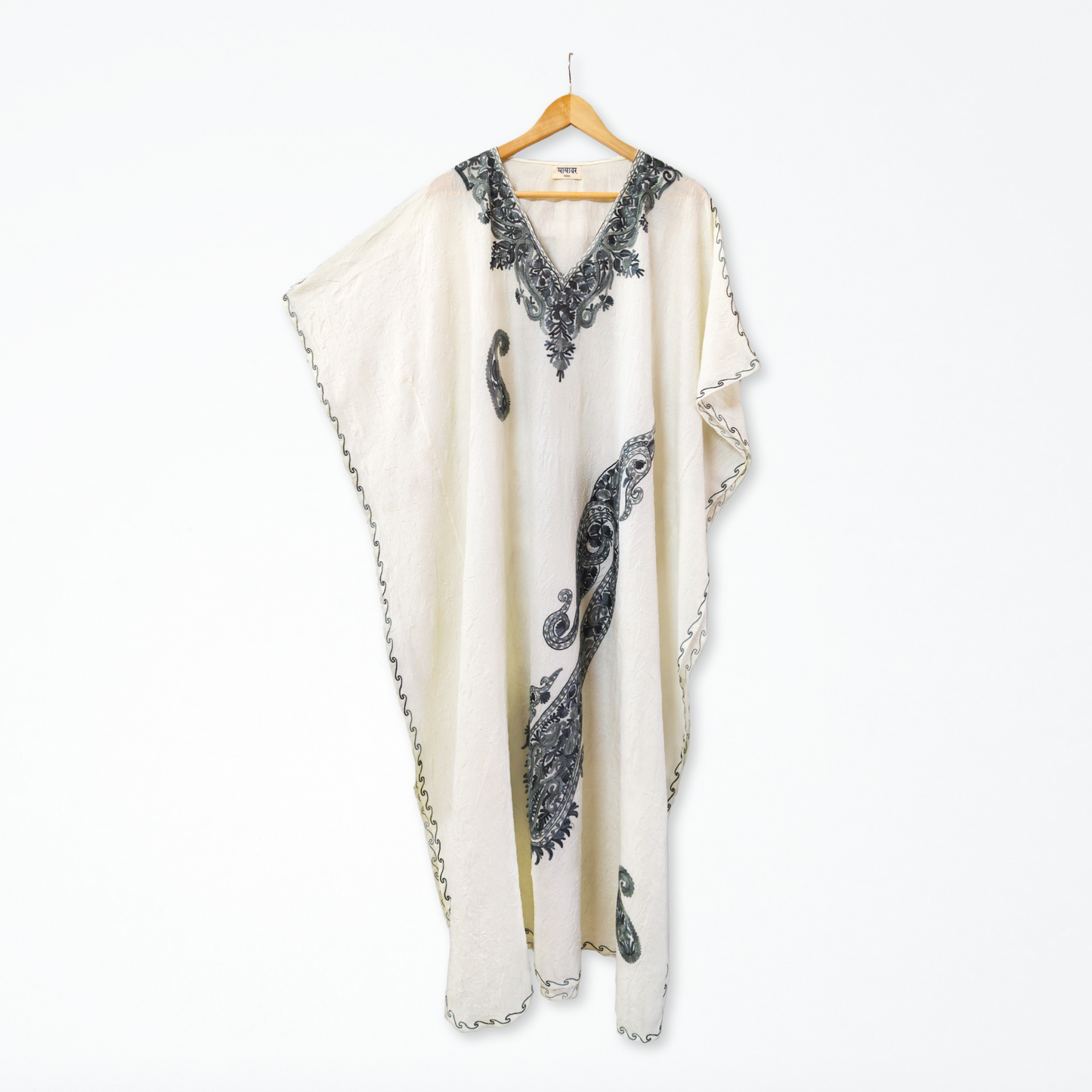 White Cotton Kashmiri Kaftan - Grey Aari Embroidery - Long