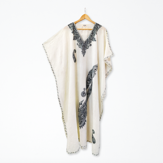 White Cotton Kashmiri Kaftan - Grey Aari Embroidery - Long