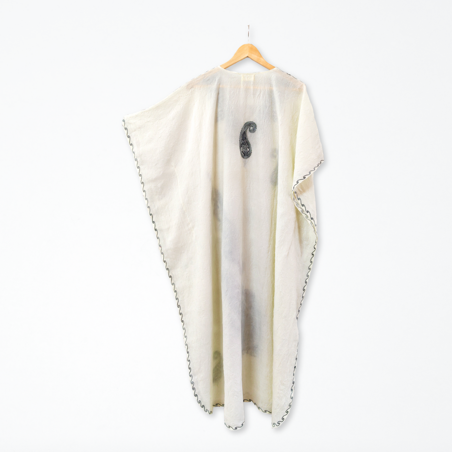 White Cotton Kashmiri Kaftan - Grey Aari Embroidery - Long