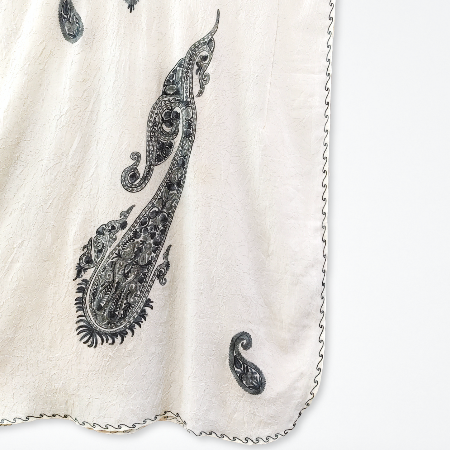 White Cotton Kashmiri Kaftan - Grey Aari Embroidery - Long