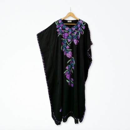 Black Cotton Kashmiri Kaftan - Multicolour Aari Embroidery - Long