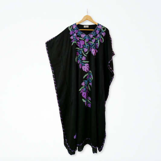 Black Cotton Kashmiri Kaftan - Multicolour Aari Embroidery - Long