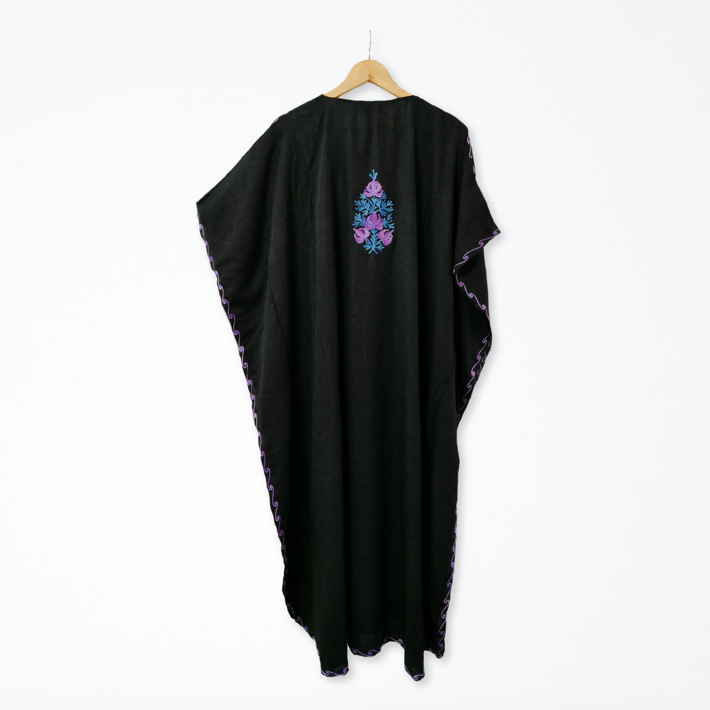 Black Cotton Kashmiri Kaftan - Multicolour Aari Embroidery - Long