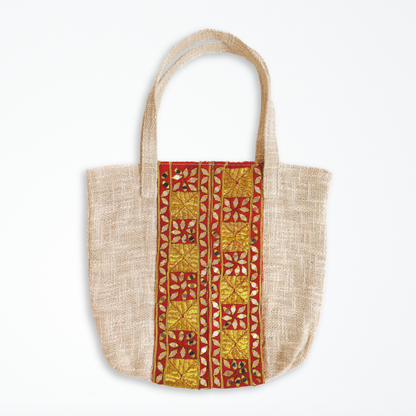 Cotton Tote Bag With Vintage Red & Gold Embroidered Patch