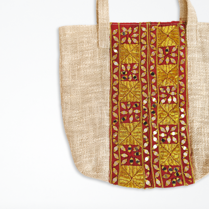 Cotton Tote Bag With Vintage Red & Gold Embroidered Patch