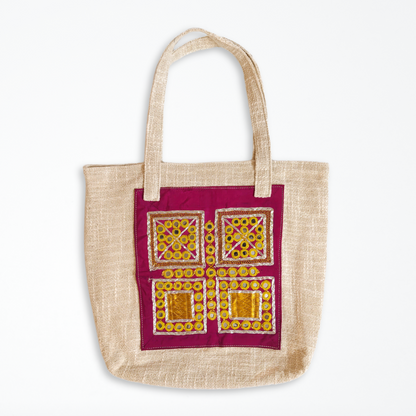 Cotton Tote Bag with Vintage Magenta & Gold Embroidered Patch