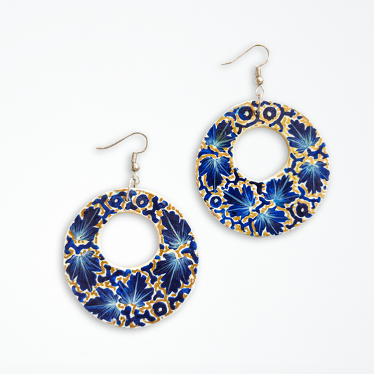 Kashmiri Paper Mache Hand Painted Chinar Leaves Round Cut-Out Earrings