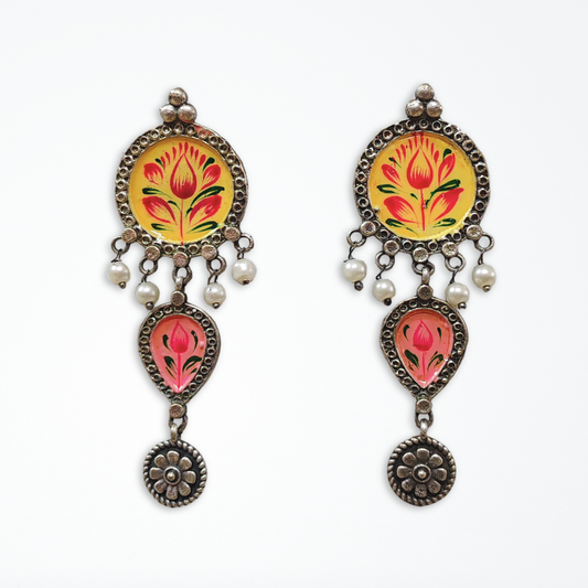Hand Painted Yellow & Peach Earring, Brass with Oxidised Polish