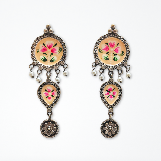 Hand Painted Light Yellow Earring, Brass with Oxidised Polish