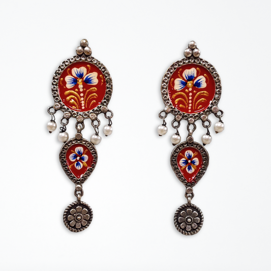 Hand Painted Red Earring, Brass with Oxidised Polish