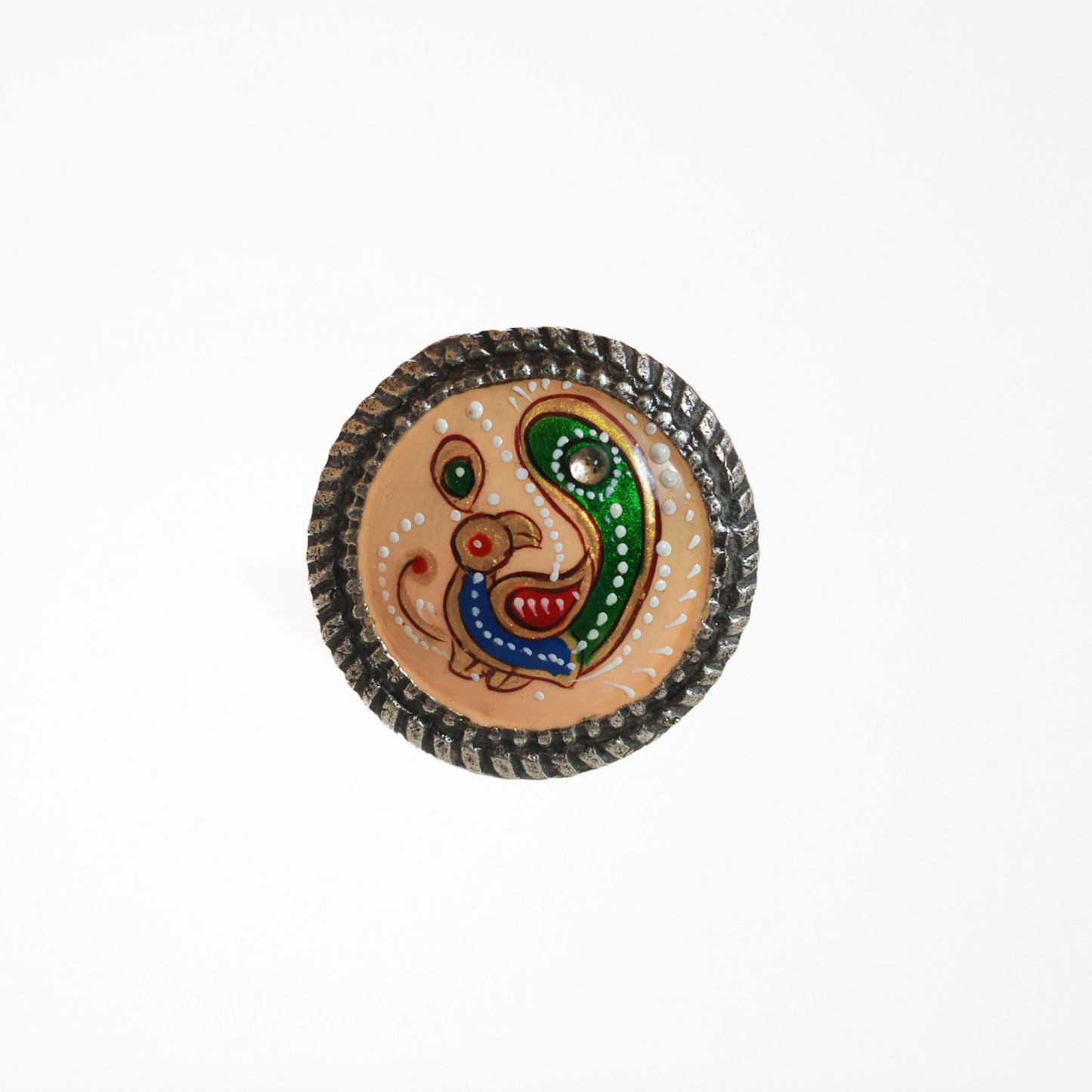 Hand Painted Peacock Ring, Brass with Oxidised Polish