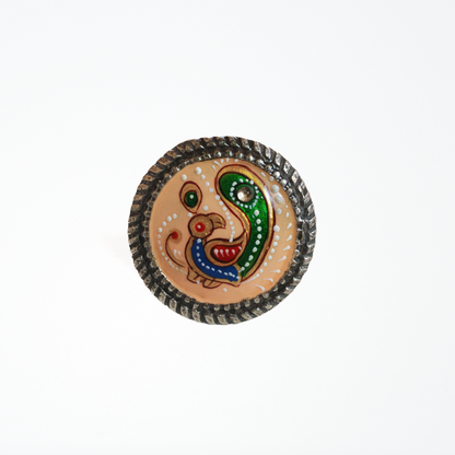 Hand Painted Peacock Ring, Brass with Oxidised Polish