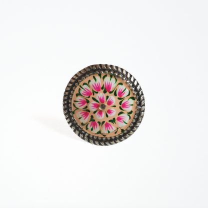 Hand Painted Floral Ring, Brass with Oxidised Polish