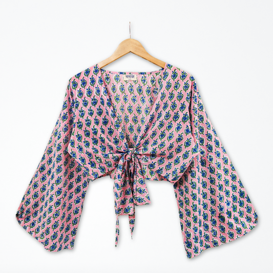 Pink Floral Hand Block Printed Cotton Tie Up, Wrap Around Boho Crop Top - Free Size