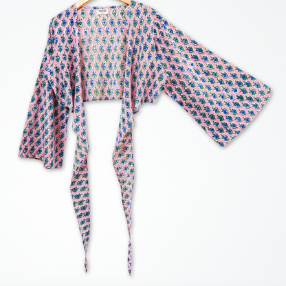 Pink Floral Hand Block Printed Cotton Tie Up, Wrap Around Boho Crop Top - Free Size