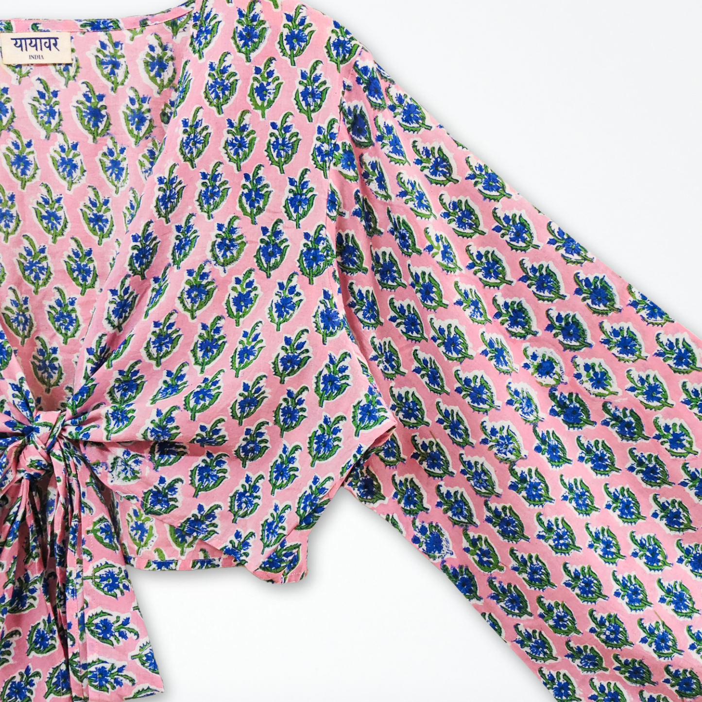 Pink Floral Hand Block Printed Cotton Tie Up, Wrap Around Boho Crop Top - Free Size