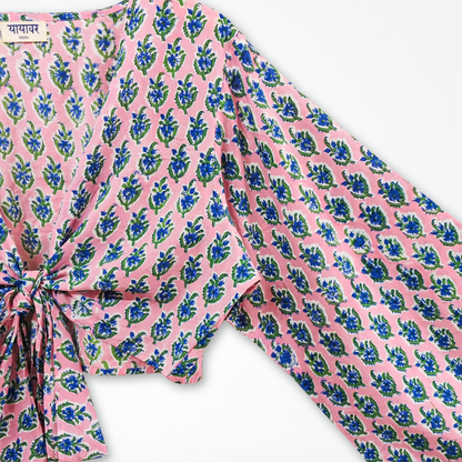 Pink Floral Hand Block Printed Cotton Tie Up, Wrap Around Boho Crop Top - Free Size