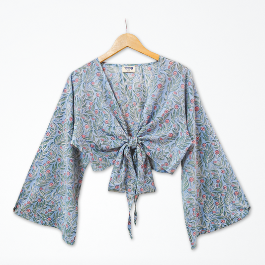Blue Floral Hand Block Printed Cotton Tie Up, Wrap Around Boho Crop Top - Free Size