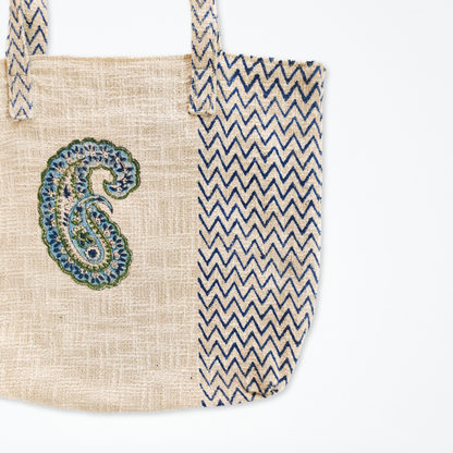 Hand Block Printed Cotton Tote Bag- Paisley with Geometric patterns