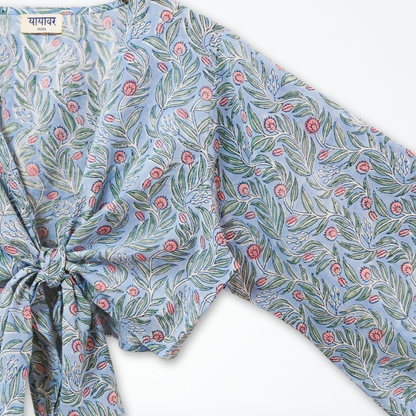 Blue Floral Hand Block Printed Cotton Tie Up, Wrap Around Boho Crop Top - Free Size